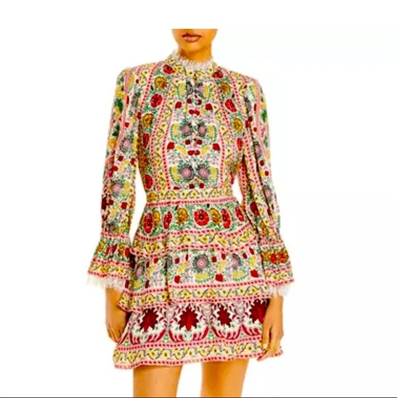 Alice + Olivia Lawson Floral Tiered Dress Green and Cream Mock Neck Dress Sz L - Picture 14 of 16